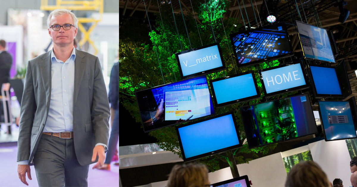 Bret Baas, Manager IT & Digital at RAI Amsterdam, combined with an image of multiple screens in a green surrounding. 