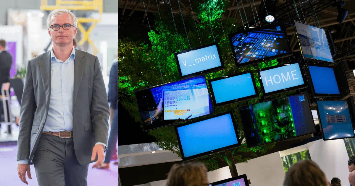 Bret Baas, Manager IT & Digital bij RAI Amsterdam gecombineerd met een beeld van verschillende beeldschermen in een groene achtergrond